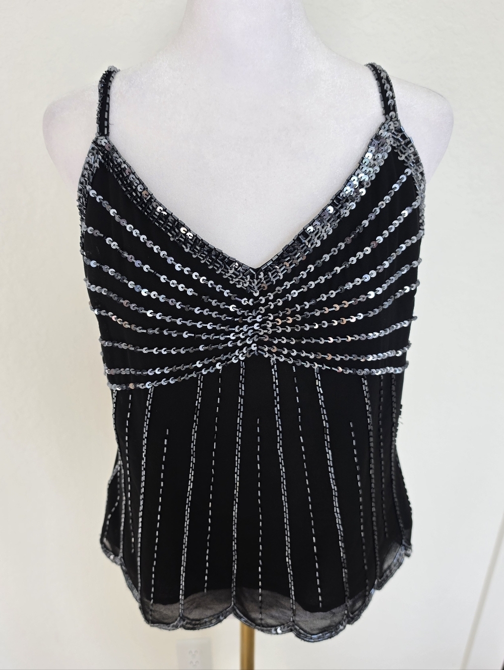 Vintage 90s Beaded Sequin Top Y2K Sheer Black Party Coquette Goth M - Picture 12 of 13